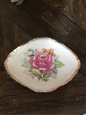 Pink Rose Floral Porcelain Trinket Dish with Gold trim